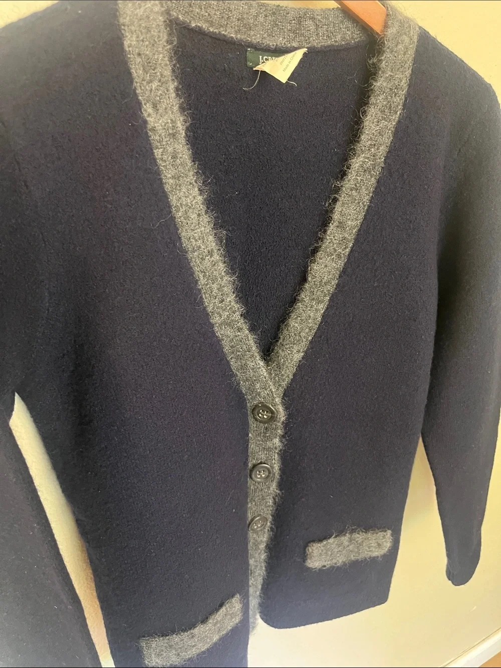 J. Crew Wool Navy Cardigan with Gray Mohair Trim L - Picture 3 of 5